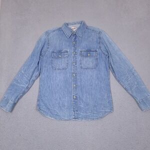 Gap Jeans Denim‎ Shirt Mens Medium Blue Button Down Light Wash Elbow Patches